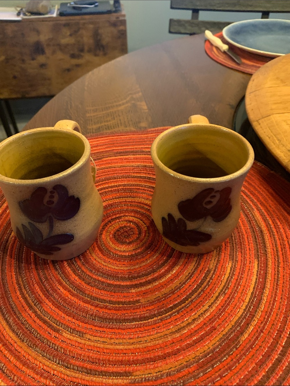 Handmade Ceramic Floral Mugs in Beige with Purple Flower Accents